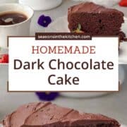 Moist dark chocolate cake topped with silky ganache, sliced and served with coffee and strawberries.