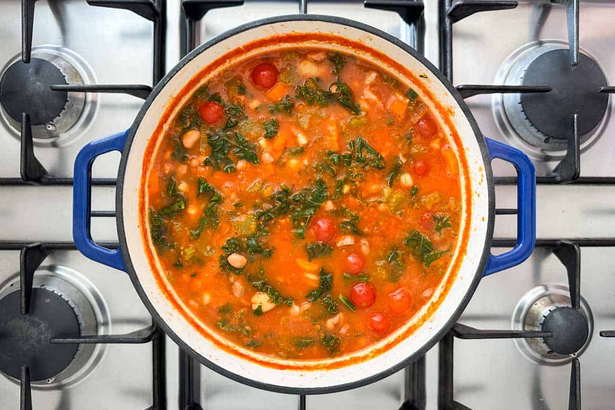 Simmering pot of Italian Bean Soup with beans, kale, carrots, and tomatoes in a tomato broth.