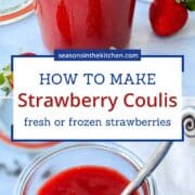 Homemade strawberry coulis in a clear glass jar with a spoon, surrounded by fresh strawberries on a blue surface.