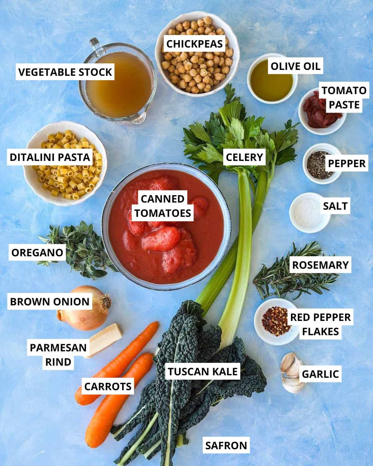 Flat lay of ingredients for Italian chickpea soup including canned tomatoes, chickpeas, carrots, celery, kale, pasta, vegetable stock, herbs, and olive oil on a light blue background.