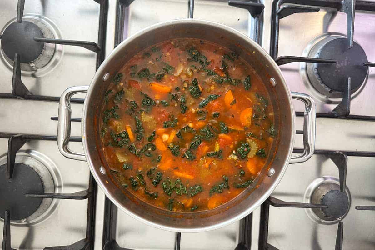 Simmering pot of pasta e ceci with kale, carrots, celery, and chickpeas in a tomato-based broth, ready to serve.