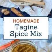 Close-up of a glass jar filled with golden Moroccan tagine spice mix, with cloves, nutmeg, and cinnamon around the plate. Text overlay reads “Homemade Tagine Spice Mix”.