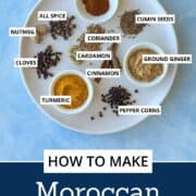 Flat lay of whole and ground spices labeled for a Moroccan spice blend, including turmeric, cumin, cinnamon, cardamom, cloves, nutmeg, and cayenne pepper. Perfect for illustrating ingredients in a homemade tagine spice mix recipe.