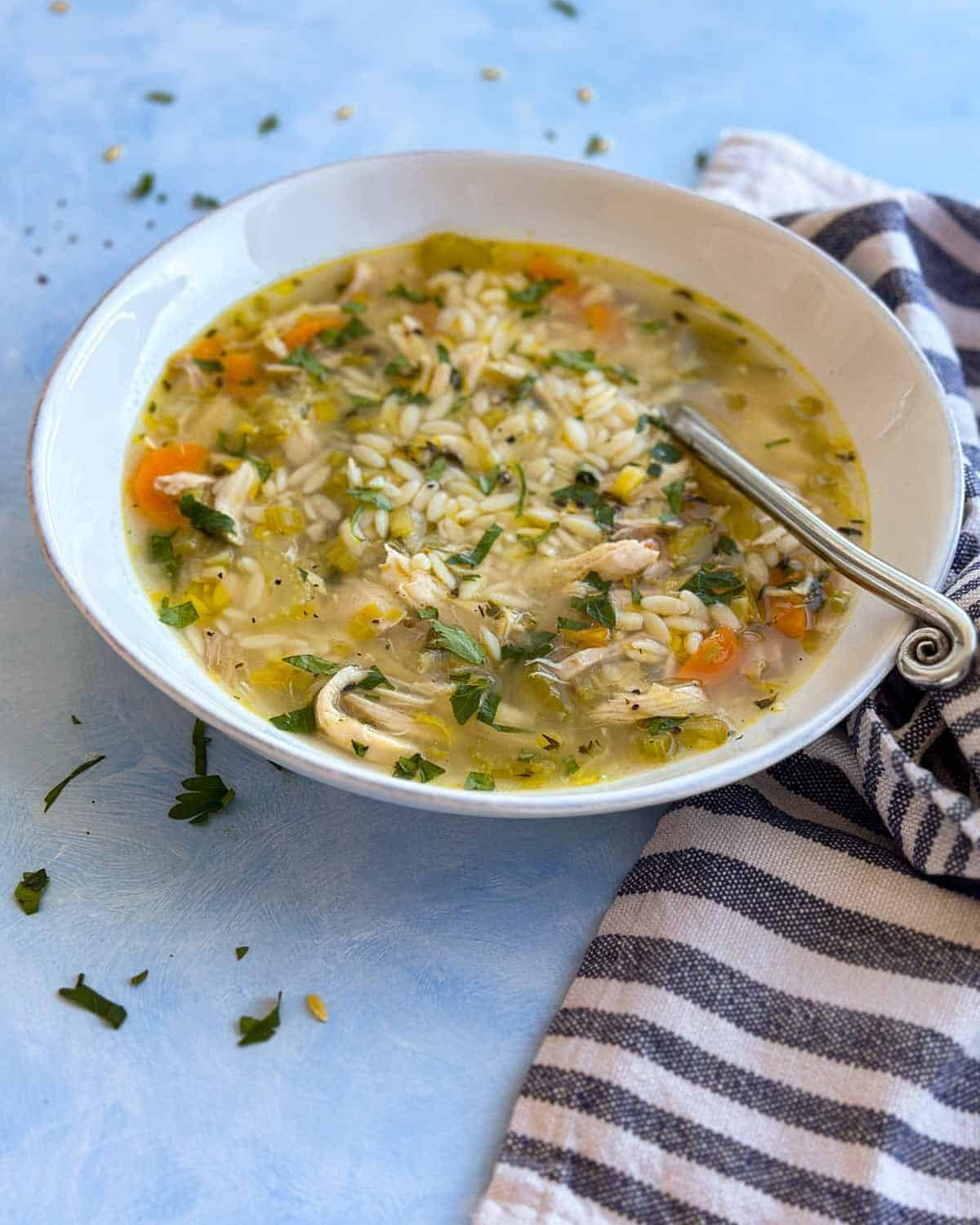 Side angle of a cozy bowl of chicken orzo soup with shredded chicken, carrots, celery, and herbs in a clear broth.