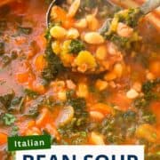 Close-up of a ladle serving Italian Bean Soup with bacon, kale, carrots, and white beans in a tomato broth – comforting family dinner recipe.