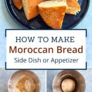 Step-by-step process and finished loaves of Moroccan Bread (Khobz Kesra) on a dark plate. Includes images of mixing, kneading, and shaping dough before baking. Traditional North African bread recipe with golden crust, fluffy crumb, and sprinkled toppings.