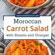 Vibrant Moroccan carrot salad made with grated carrots, juicy orange slices, raisins, and mint. Easy vegan and gluten-free salad recipe served in a large bowl.