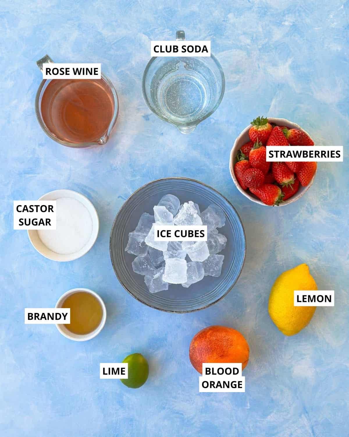 All the fresh ingredients for our rosé sangria laid out on a light blue surface – rosé wine, club soda, strawberries, lemon, lime, blood orange, brandy, caster sugar, and plenty of ice.
