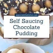 Self saucing chocolate pudding baked with poached pears and topped with toasted almonds in a ceramic dish, shown with a serving bowl filled with warm chocolate pudding, pear, vanilla ice cream, and almonds. Cozy winter dessert recipe using simple pantry ingredients.