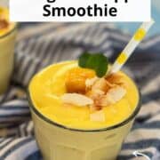 Creamy mango pineapple smoothie with coconut flakes and mint garnish.