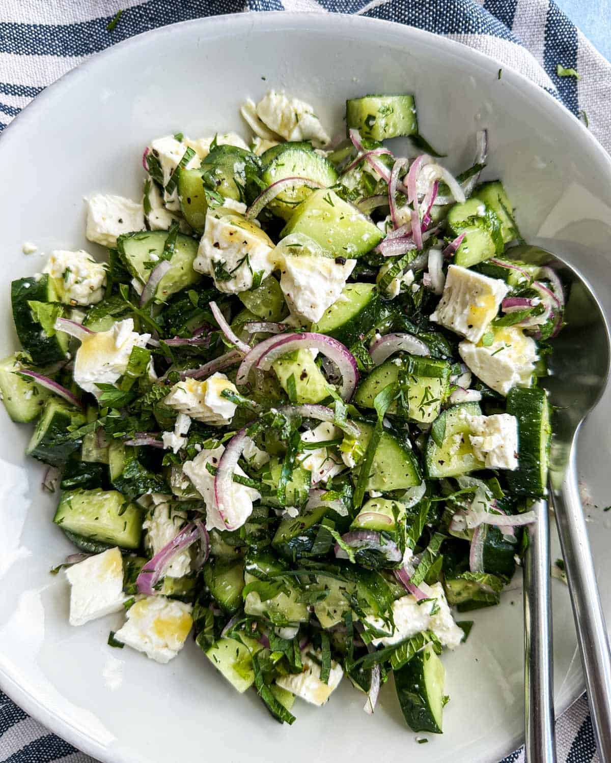 Close-up of cucumber and feta salad with chopped herbs and red onion in a white bowl.