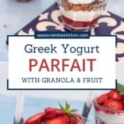 Two assembled strawberry yogurt parfaits with visible layers of strawberry compote, yogurt, and granola, ready to be topped and served.