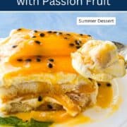 Delicious mango tiramisu topped with passion fruit, perfect for summer desserts.