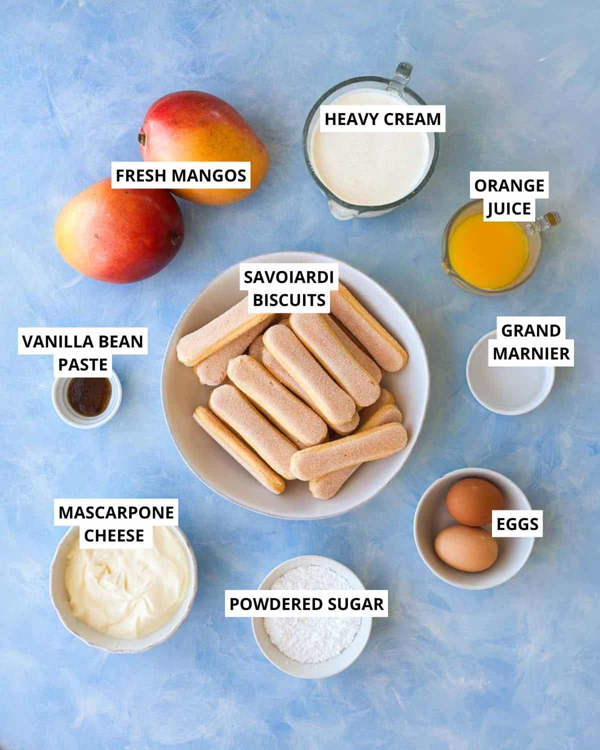 Top view of mango tiramisu ingredients arranged on a light blue textured surface, including fresh mangoes, mascarpone cheese, heavy cream, savoiardi biscuits, eggs, powdered sugar, vanilla bean paste, orange juice, and Grand Marnier, each clearly labeled.