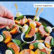 Delicious peach, Parma ham, and mozzarella skewers perfect for summer gatherings. Easy to make!