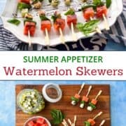 Healthy watermelon skewers with basil and feta cheese, perfect for summer gatherings.