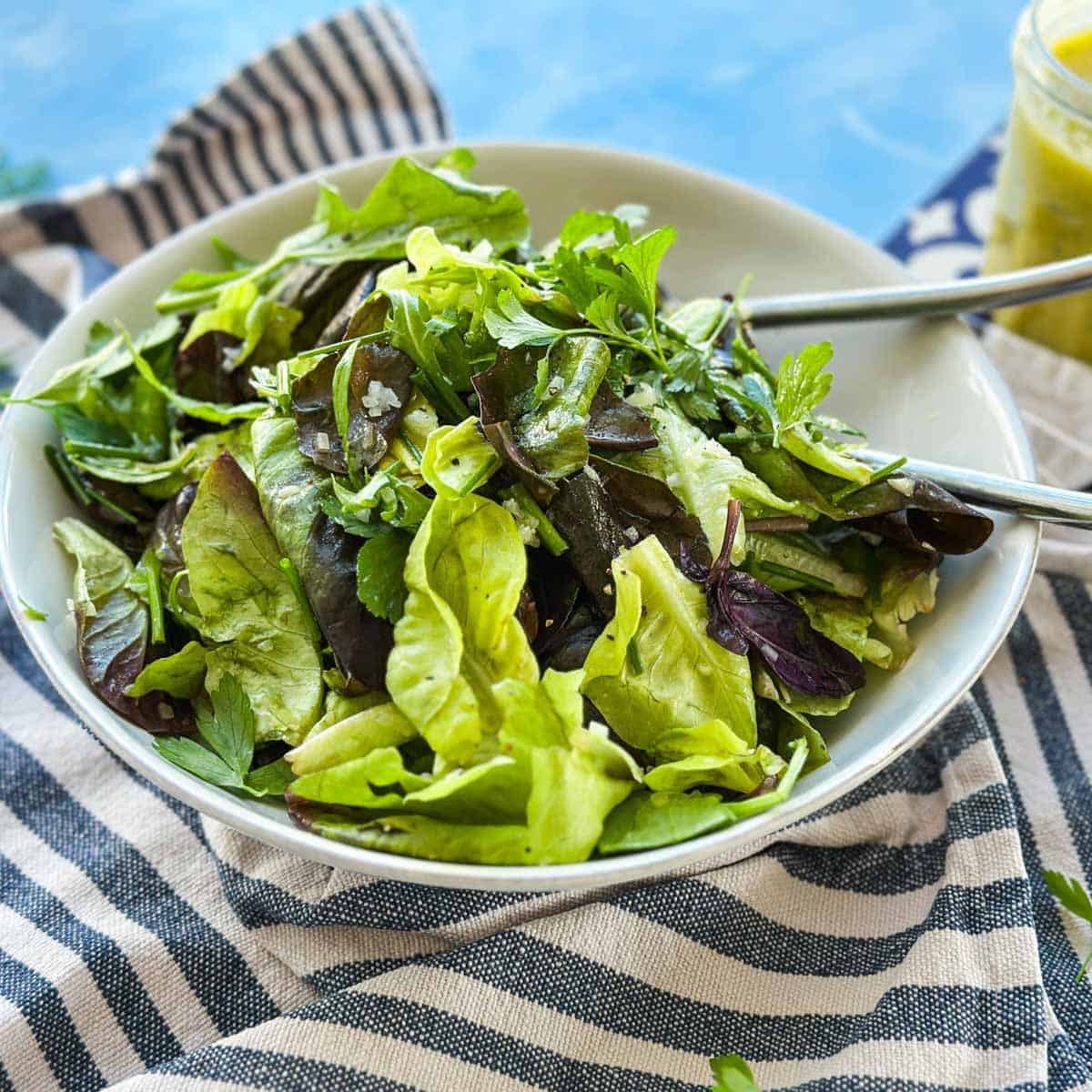 Angled view of a bistro salad with tender mixed leaves, parsley, and chives in a white serving bowl.