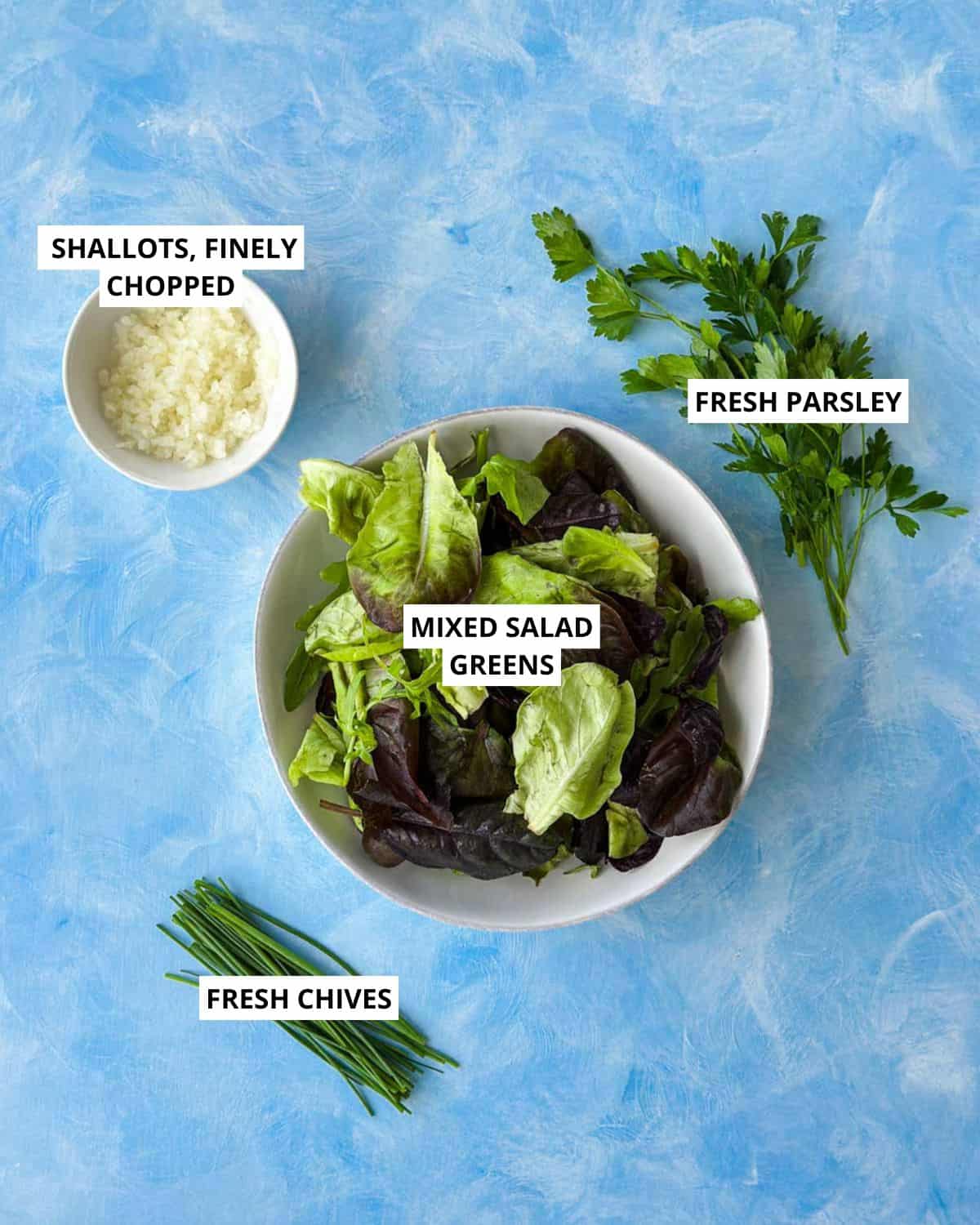 Flat lay of bistro salad ingredients including mixed salad greens, finely chopped shallots, fresh parsley, and chives.