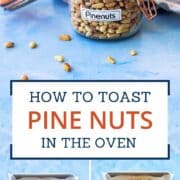 Pine nuts in a glass jar with a metal clasp, ready for toasting.