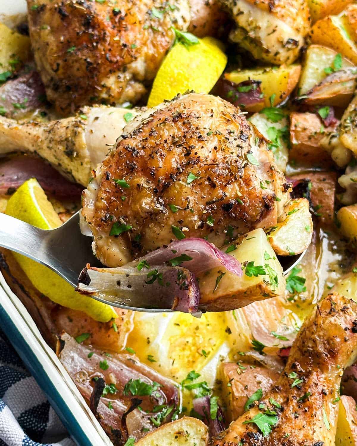 Close-up of a juicy roasted chicken thigh served with potatoes, red onion, pan juices, and fresh parsley.