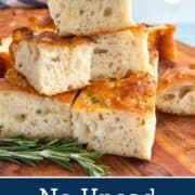 Freshly baked no knead focaccia bread with a golden crust and airy interior, perfect for quick homemade bread.