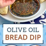 Delicious olive oil dip with herbs served with bread slices for dipping.