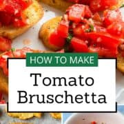 Delicious tomato bruschetta on toasted bread with fresh basil and olive oil, perfect for Italian app.