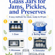Pinterest infographic showing how to sterilize glass jars using the oven, boiling water, microwave, or dishwasher.