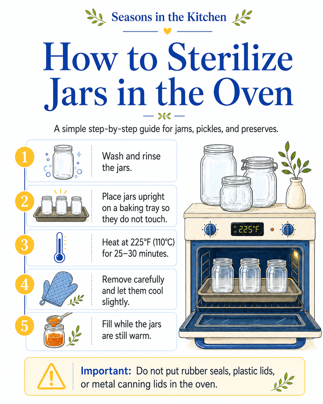 glass jars on baking tray oven sterilization 225°F food safety
