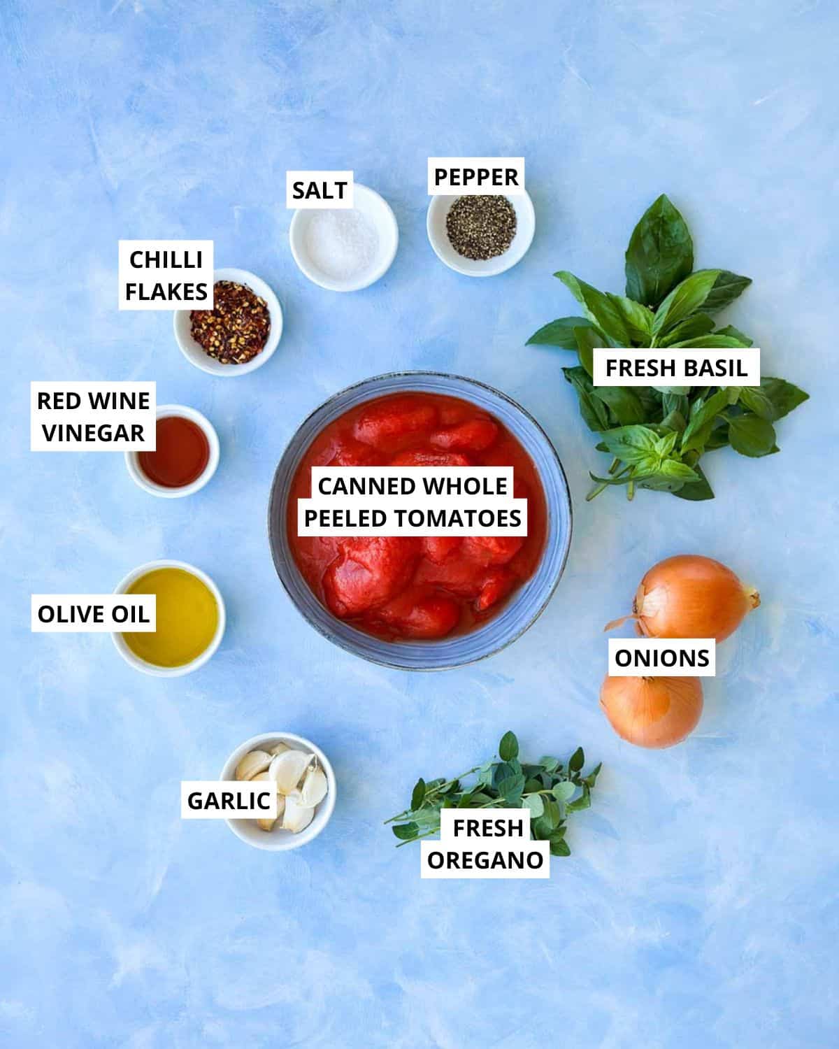 Overhead ingredient layout for spicy tomato pasta sauce with canned tomatoes, basil, oregano, onions, garlic, chili flakes, vinegar, oil, salt, and pepper.