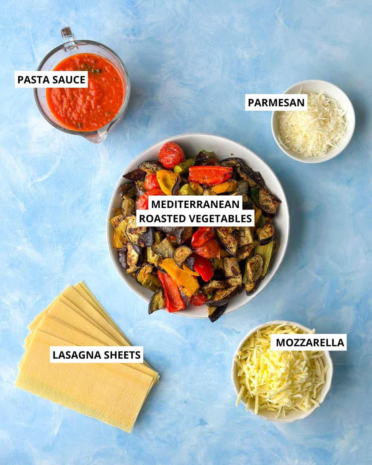 Overhead ingredient layout for Mediterranean vegetable lasagna with pasta sauce, roasted vegetables, lasagna sheets, mozzarella, and Parmesan.