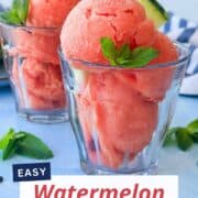 Delicious homemade watermelon sorbet served in clear glasses with mint garnish, perfect for hot summers day.