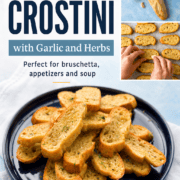 Homemade crostini with garlic and herbs on a black plate, ready to serve.