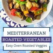 Colorful roasted vegetables including eggplant, zucchini, cherry tomatoes, and peppers.