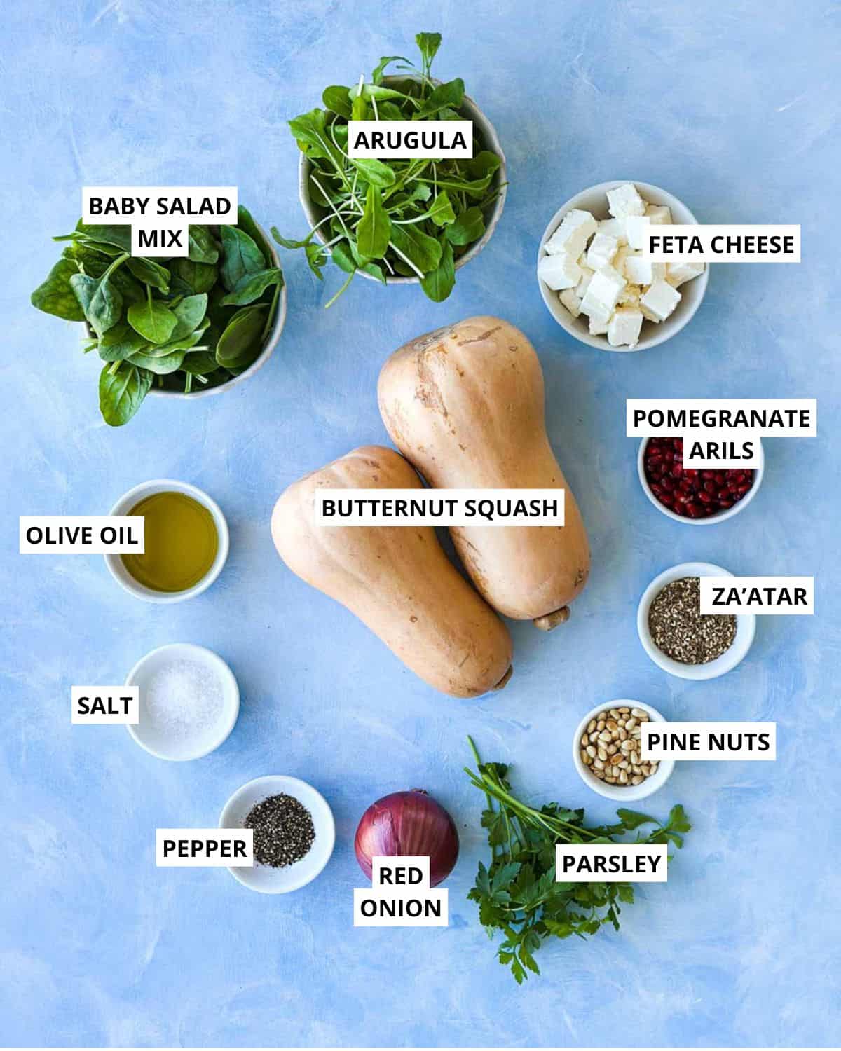 Labeled ingredients for butternut squash salad with squash, arugula, baby greens, feta, pomegranate arils, pine nuts, and za’atar.
