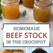 Homemade beef stock jars with vegetables and meat in crockpot.