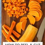 Sliced butternut squash on a wooden cutting board with a knife.