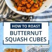 Roasted butternut squash cubes in a white bowl with herbs and spices.