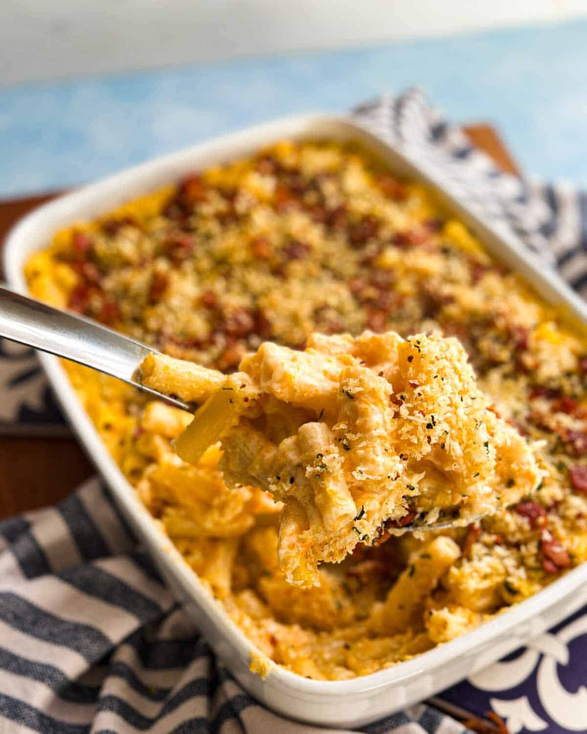 Vertical shot of a spoonful of cheesy butternut mac lifted above the dish, with the crisp breadcrumb topping on the pasta.