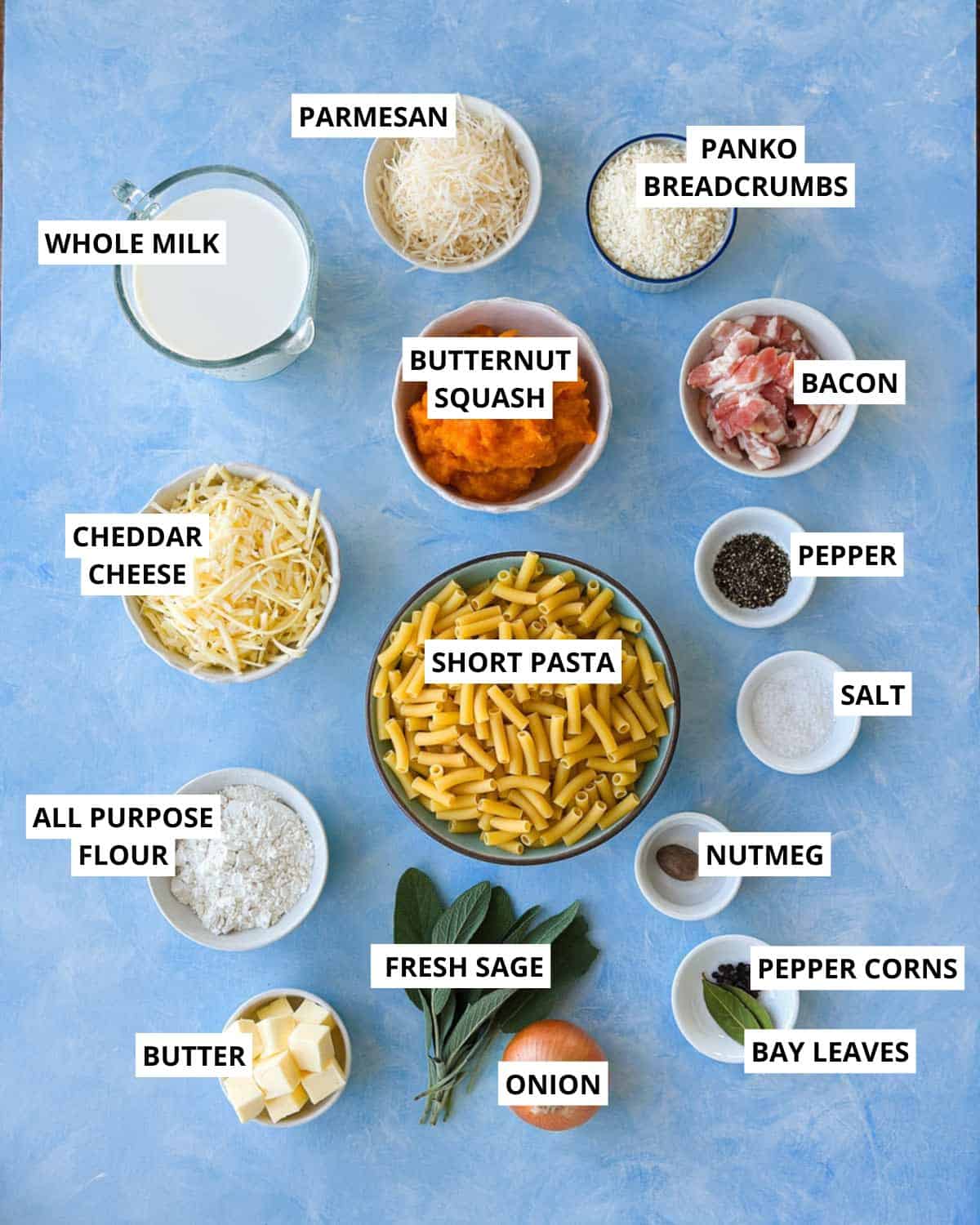 Labeled butternut mac and cheese ingredients: whole milk, parmesan, panko breadcrumbs, butternut squash, bacon, cheddar cheese, short pasta, all purpose flour, fresh sage, butter, onion, nutmeg, bay leaves, peppercorns, pepper, and salt.